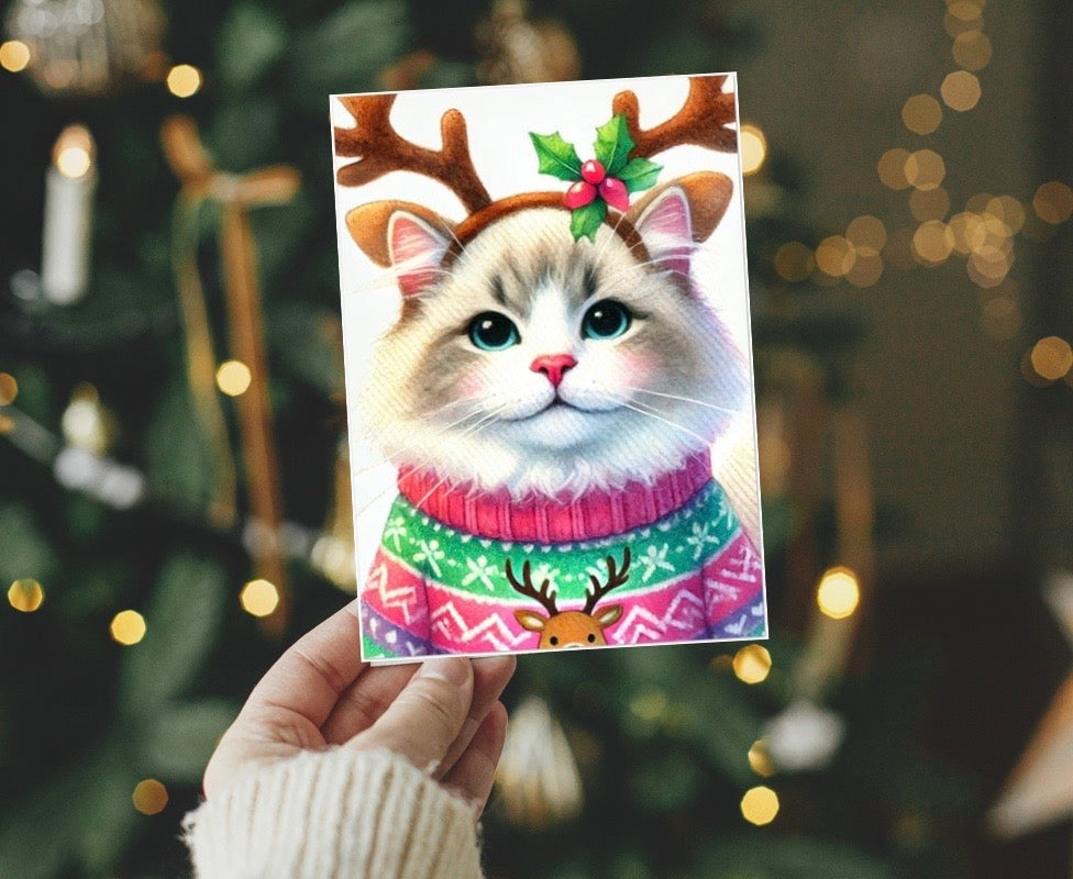 Cat Reindeer - Christmas Sweater - Pack of 10 Blank Greeting Cards 5x7   