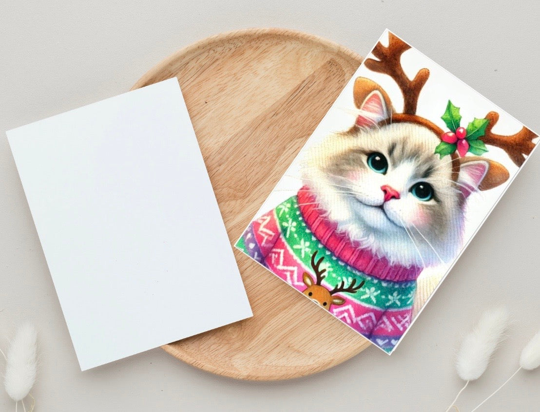 Cat Reindeer - Christmas Sweater - Pack of 10 Blank Greeting Cards 5x7   