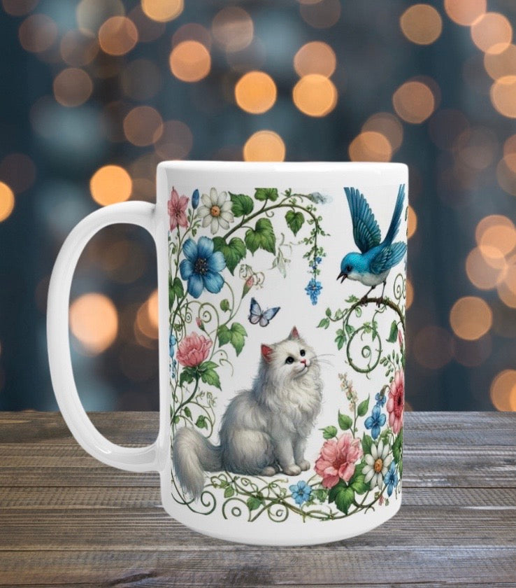 Blue Bird Visit - Cat Lover - 15oz Ceramic Mug   