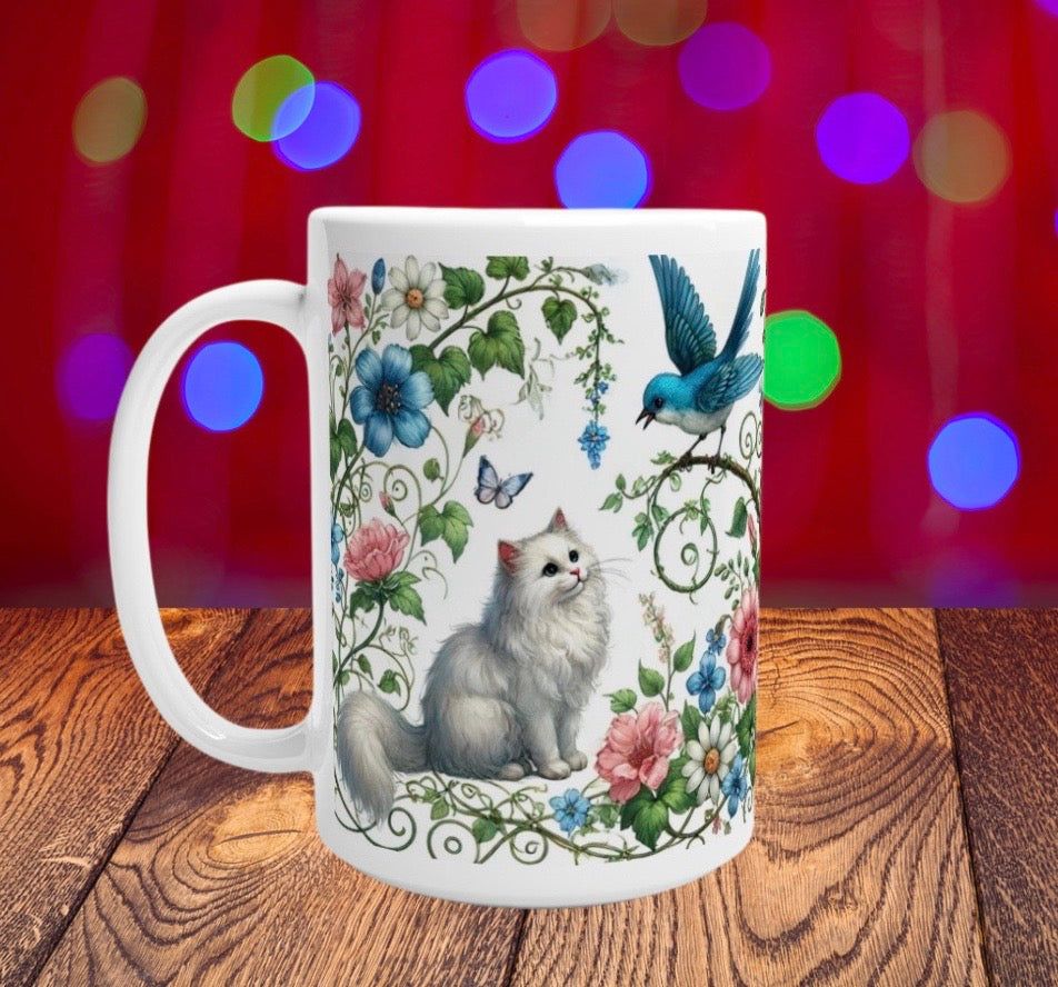 Blue Bird Visit - Cat Lover - 15oz Ceramic Mug   