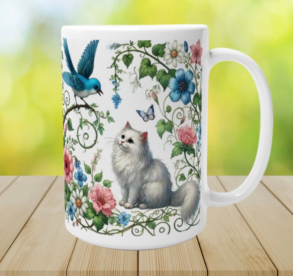 Blue Bird Visit - Cat Lover - 15oz Ceramic Mug   