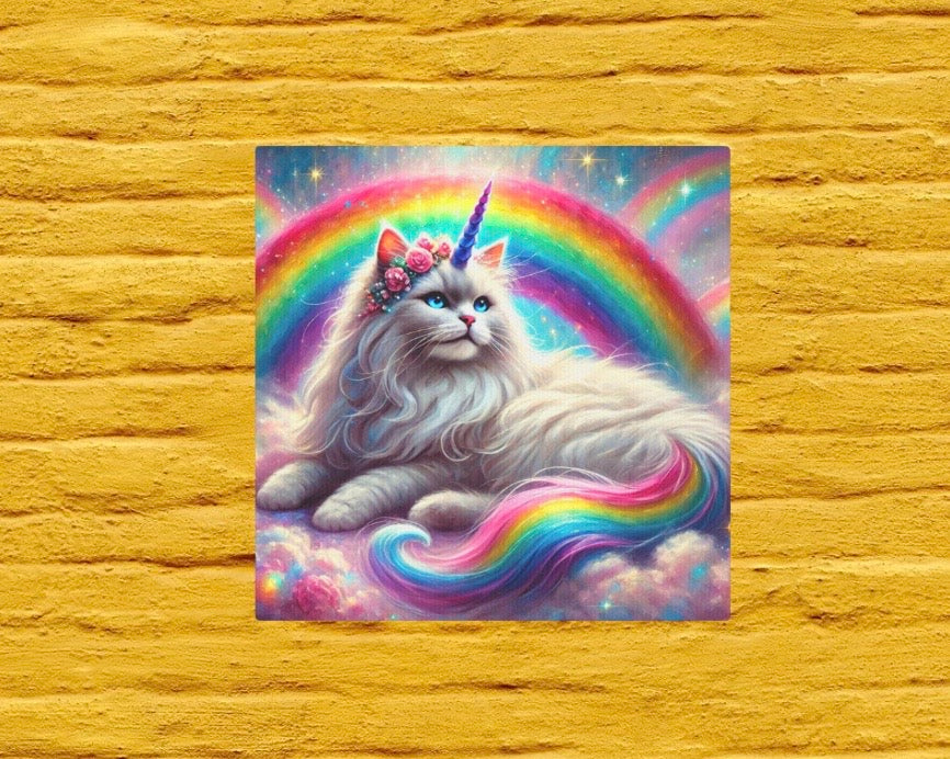 Fluffy Caticorn - Cat Unicorn Rainbow - Wall Art Decor 8x8   