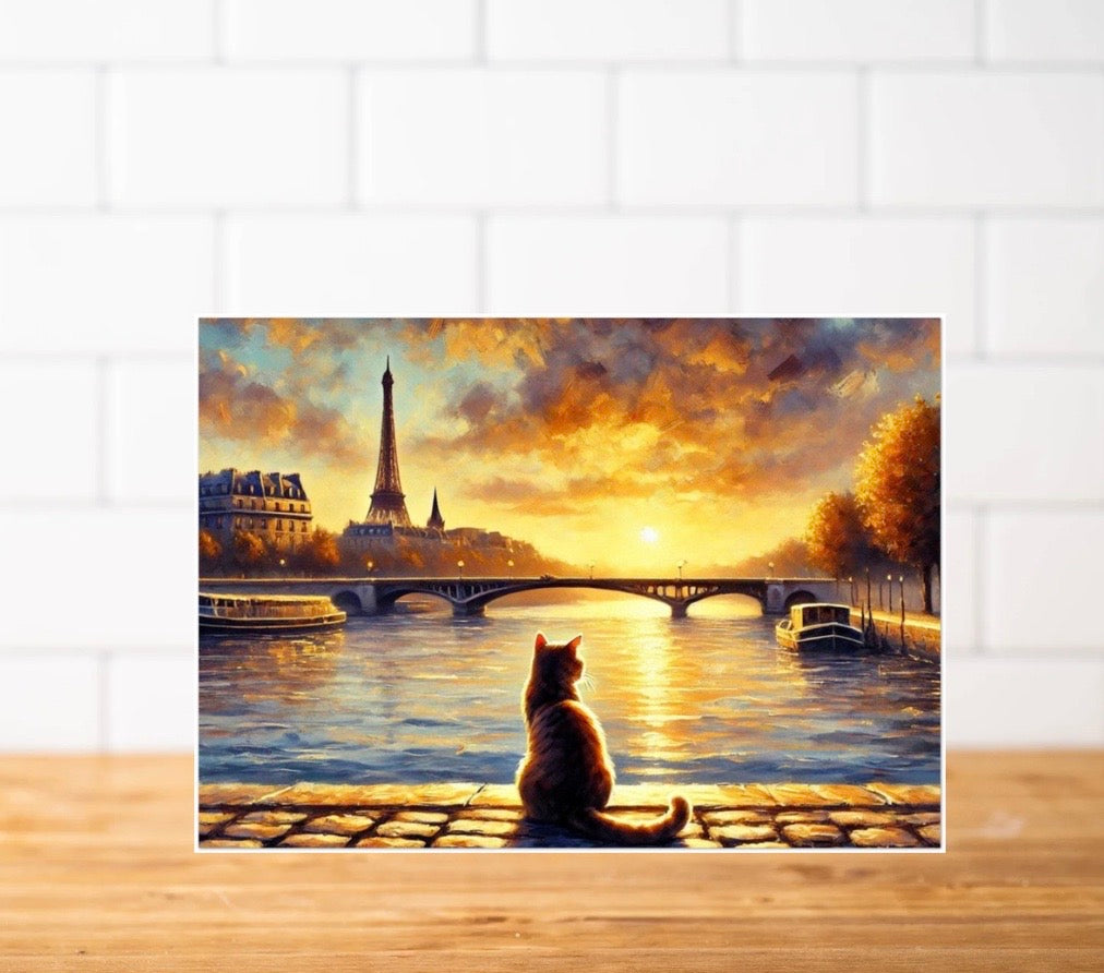 Paris Sunset - Cat Lover - Pack of 10 - Blank Holiday Greeting Cards   