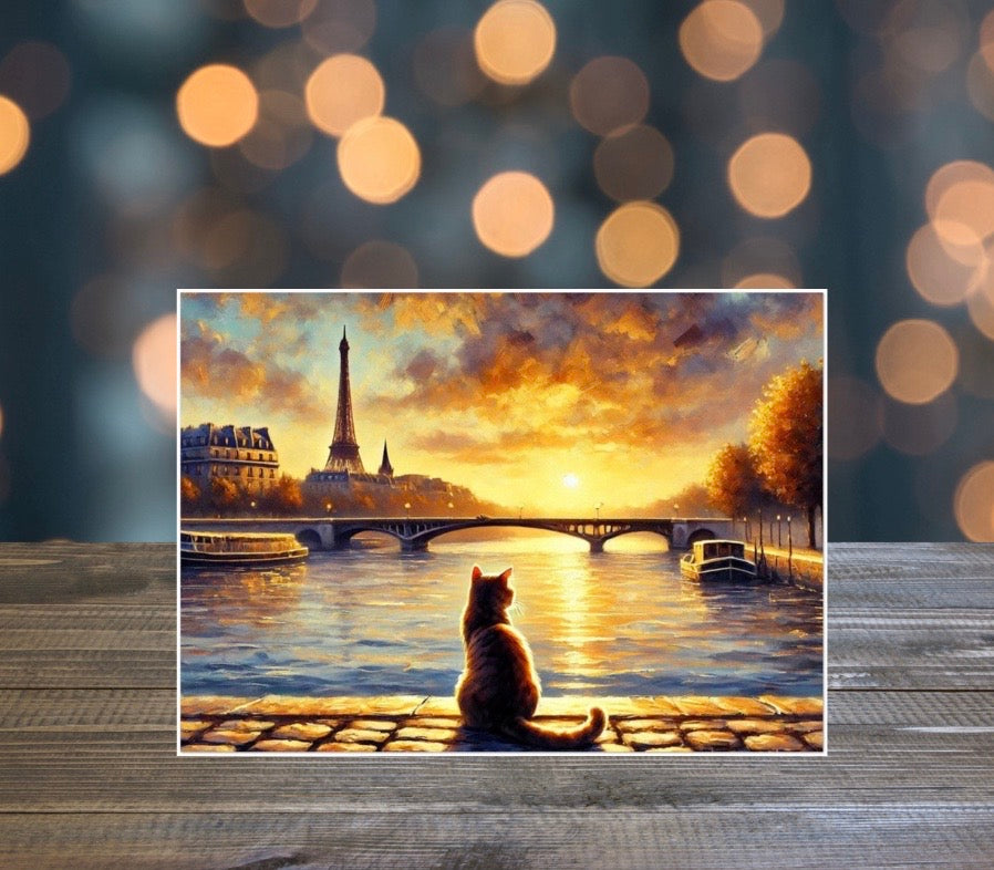 Paris Sunset - Cat Lover - Pack of 10 - Blank Holiday Greeting Cards   