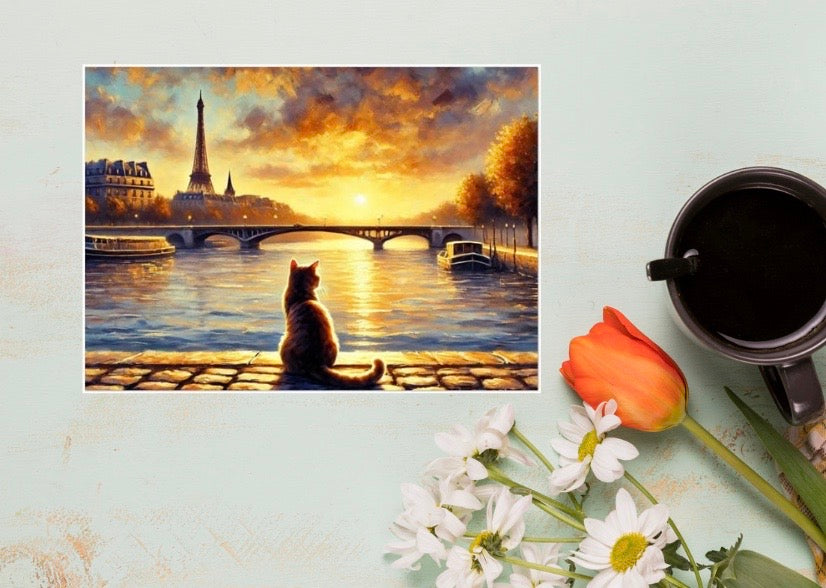 Paris Sunset - Cat Lover - Pack of 10 - Blank Holiday Greeting Cards   