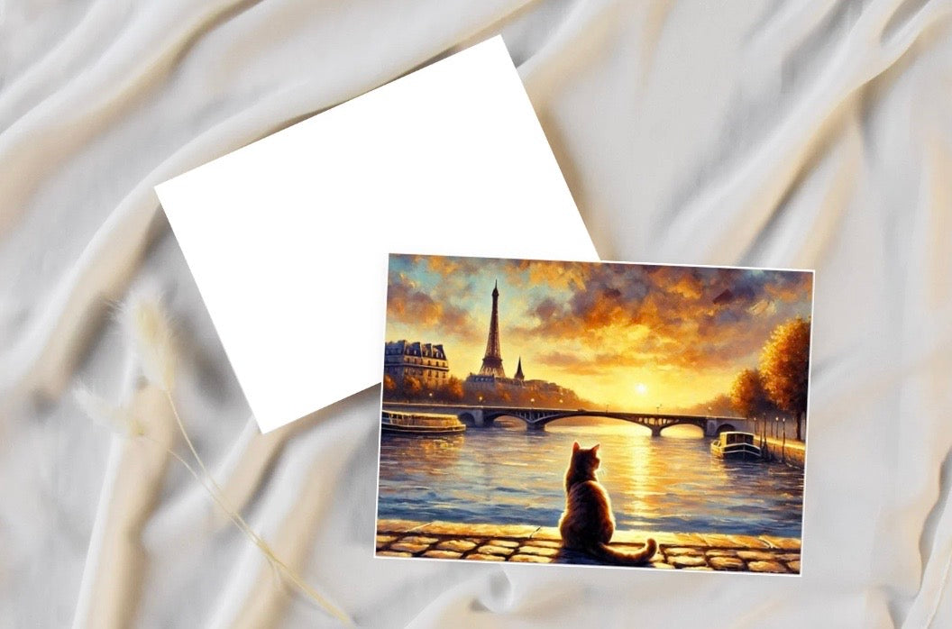 Paris Sunset - Cat Lover - Pack of 10 - Blank Holiday Greeting Cards   