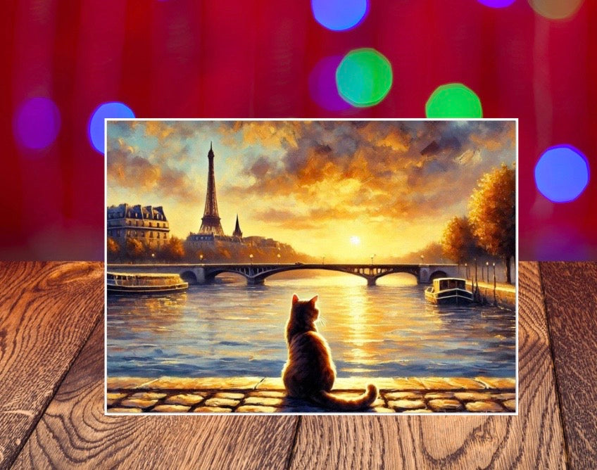 Paris Sunset - Cat Lover - Pack of 10 - Blank Holiday Greeting Cards   