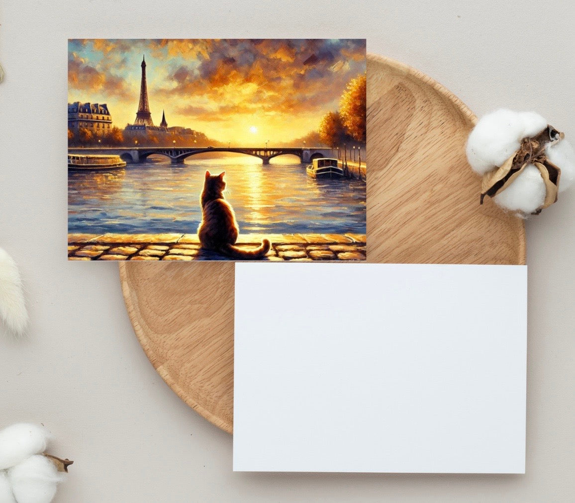 Paris Sunset - Cat Lover - Pack of 10 - Blank Holiday Greeting Cards   