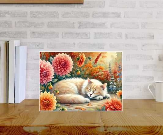 Fall Dahlia Garden - Cat Lover - Pack of 10 - Blank Holiday Greeting Cards   