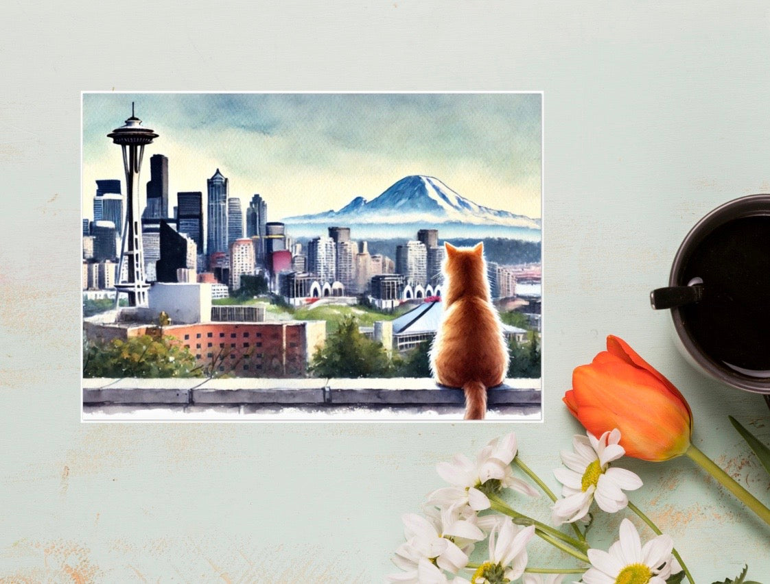 Seattle Views - Cat Lover - Pack of 10 - Blank Holiday Greeting Cards   