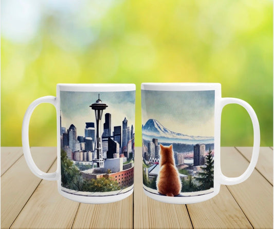 Seattle City Views - Cat Lover - 15oz Ceramic Mug   