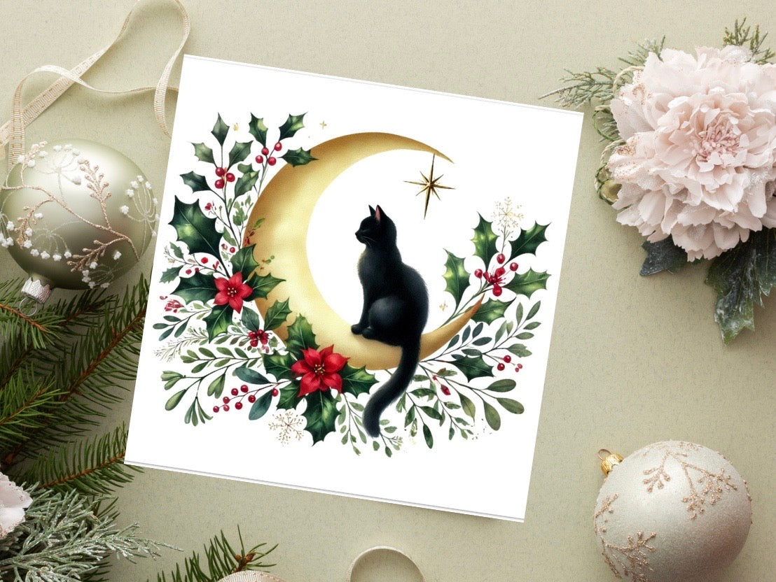 Winter Moon - Cat Lover - Pack of 10 Blank Holiday Greeting Cards   