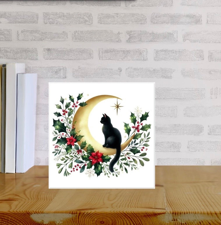 Winter Moon - Cat Lover - Pack of 10 Blank Holiday Greeting Cards   