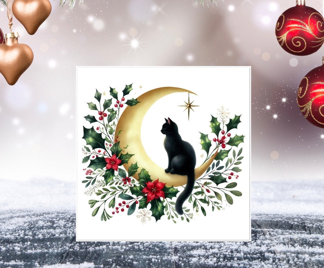 Winter Moon - Cat Lover - Pack of 10 Blank Holiday Greeting Cards   