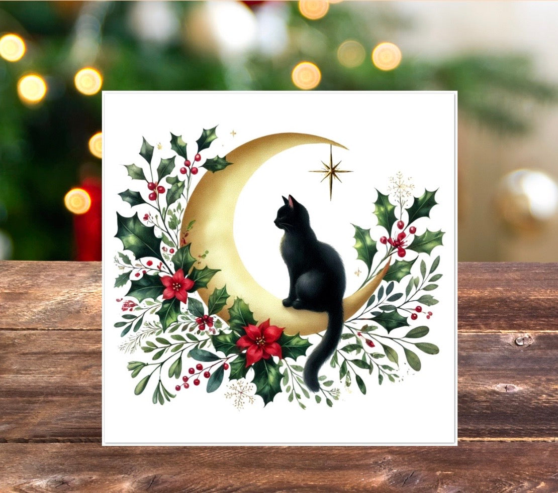 Winter Moon - Cat Lover - Pack of 10 Blank Holiday Greeting Cards   