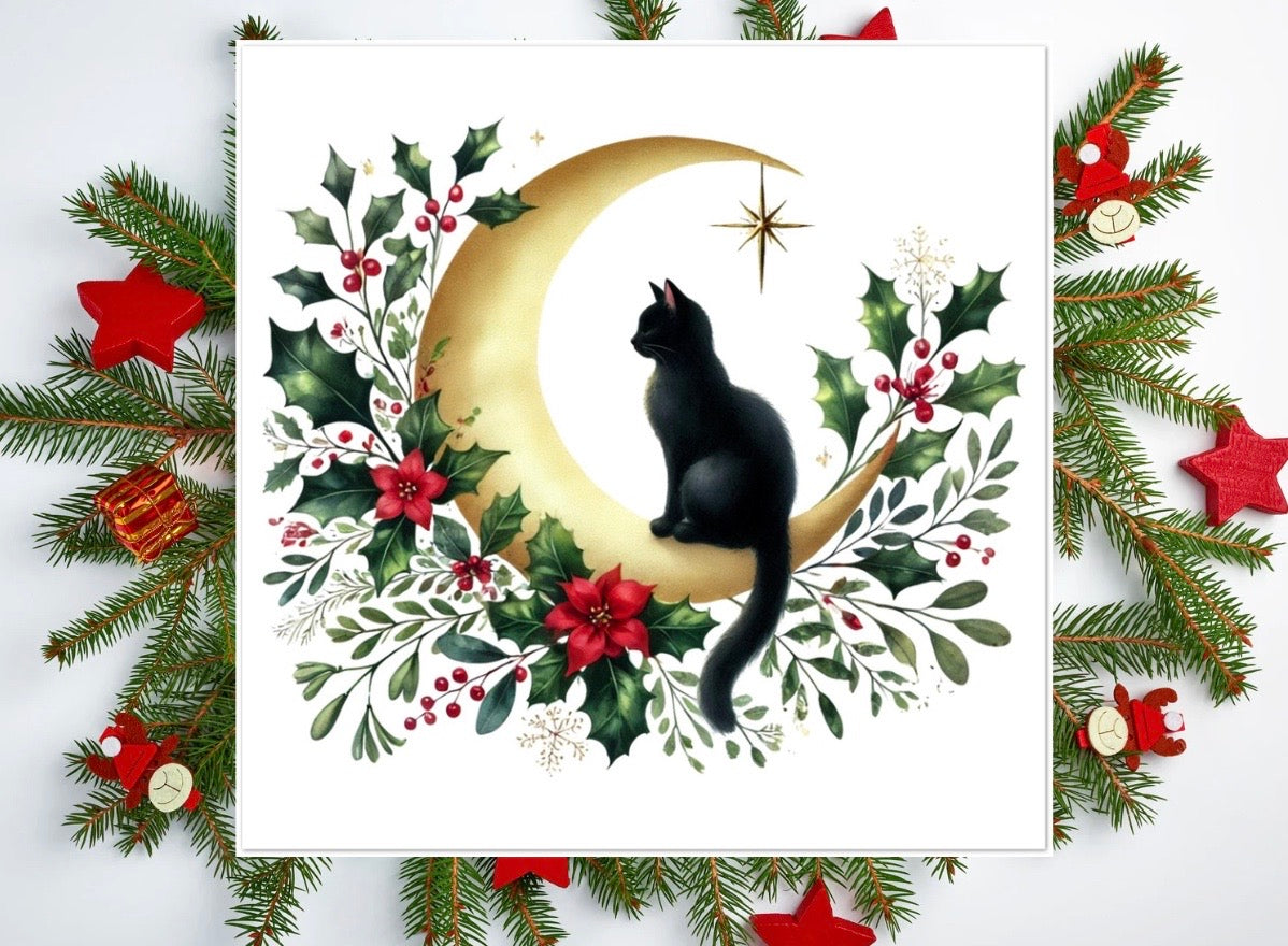 Winter Moon - Cat Lover - Pack of 10 Blank Holiday Greeting Cards   