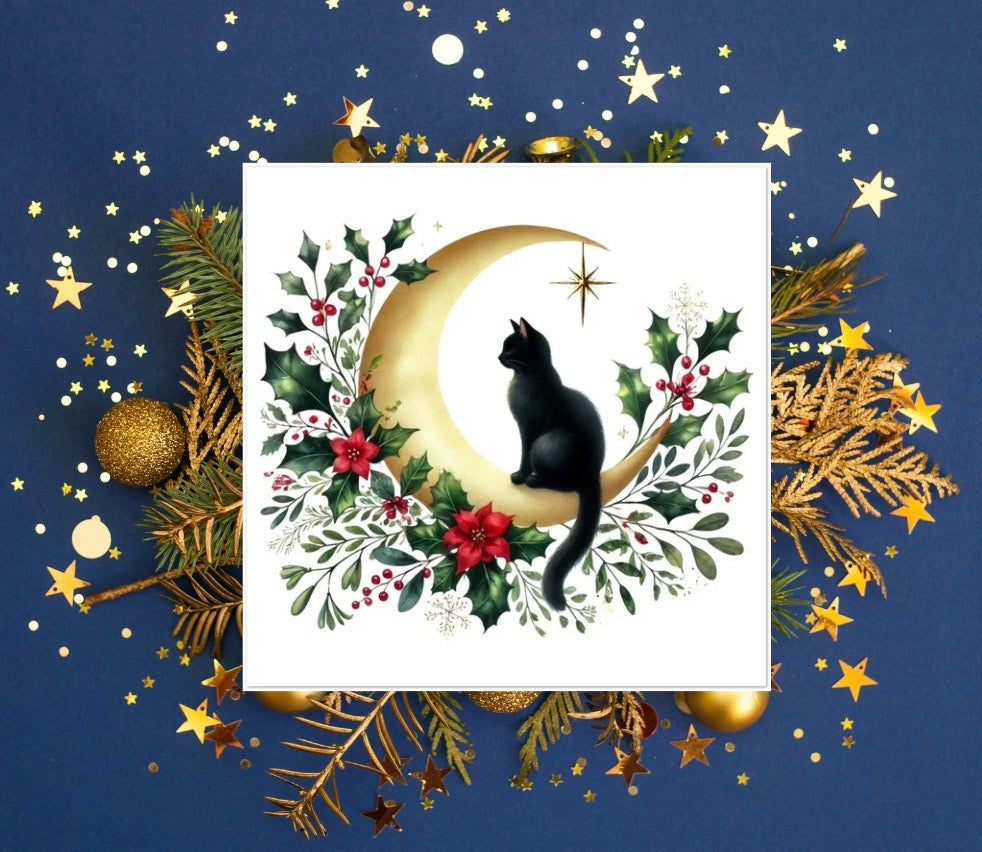 Winter Moon - Cat Lover - Pack of 10 Blank Holiday Greeting Cards   