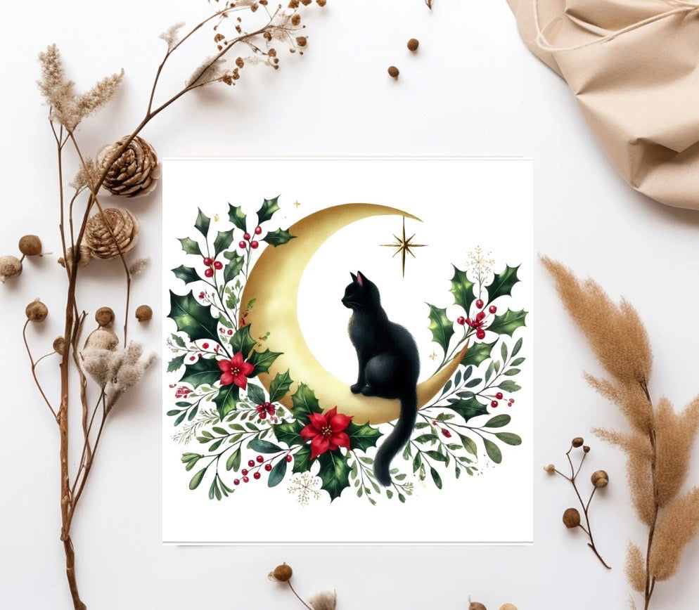 Winter Moon - Cat Lover - Pack of 10 Blank Holiday Greeting Cards   