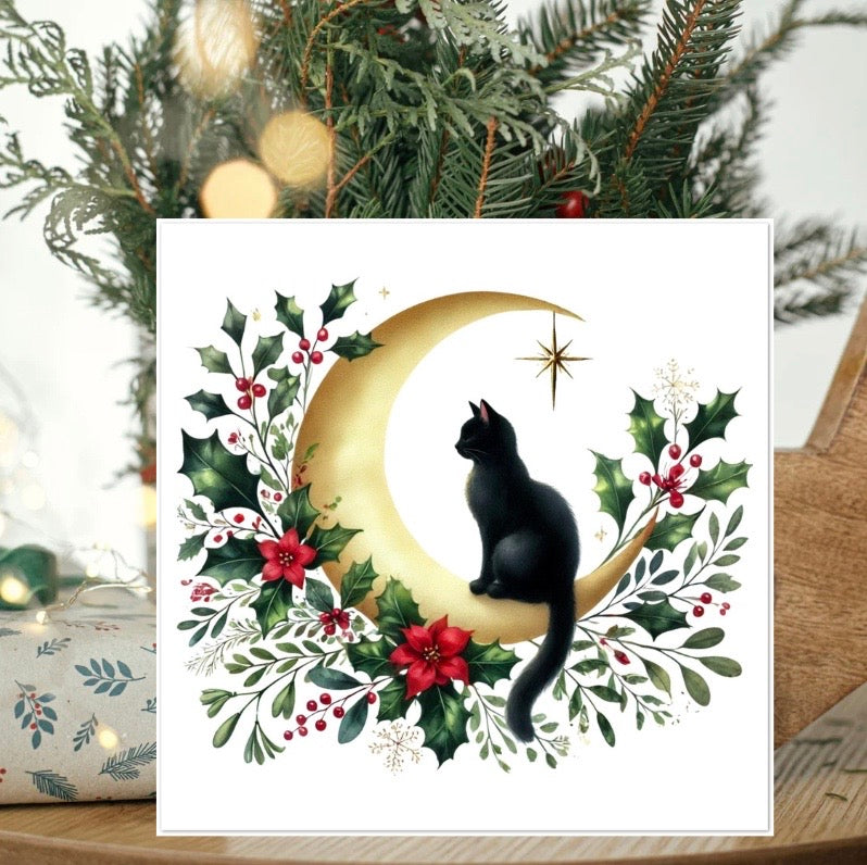 Winter Moon - Cat Lover - Pack of 10 Blank Holiday Greeting Cards   