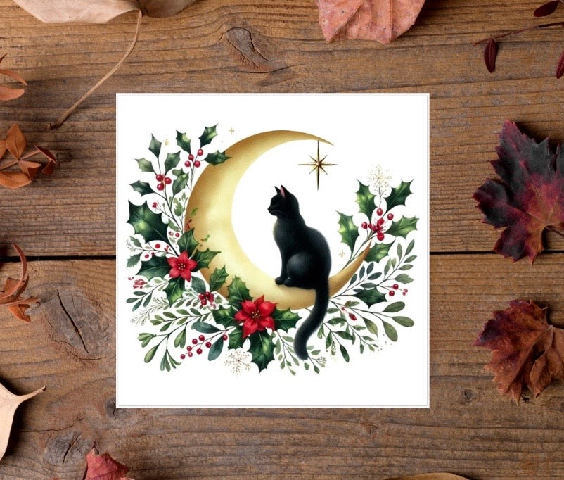 Winter Moon - Cat Lover - Pack of 10 Blank Holiday Greeting Cards   