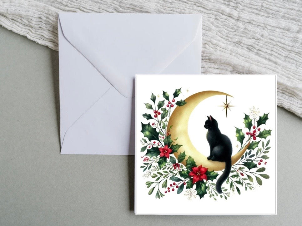 Winter Moon - Cat Lover - Pack of 10 Blank Holiday Greeting Cards   