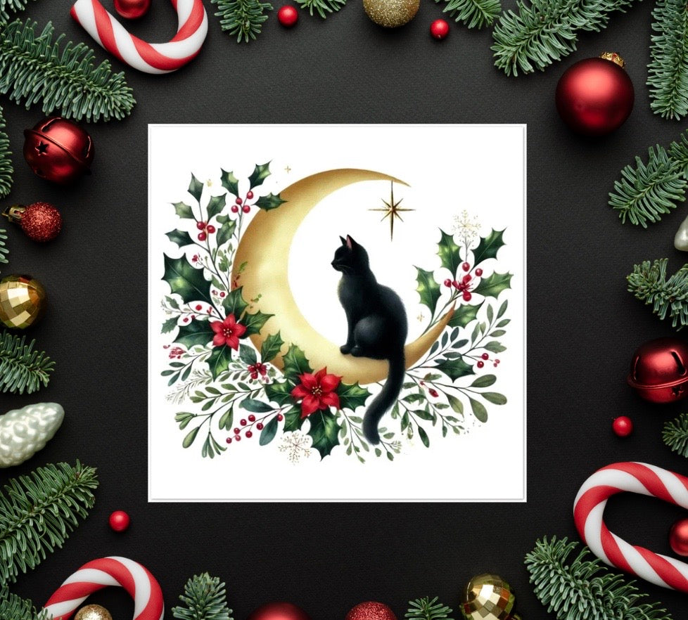 Winter Moon - Cat Lover - Pack of 10 Blank Holiday Greeting Cards   