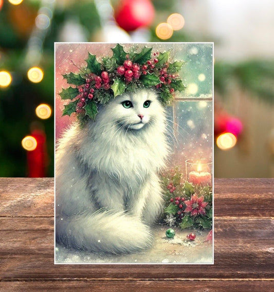 Holiday Crown - Cat Lover - Pack of 10 - Christmas Blank Greeting Cards   