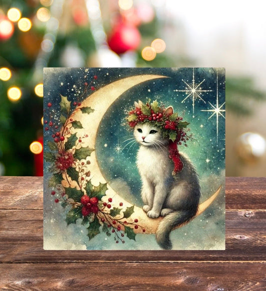 Holiday Moon - Cat Lover - Pack of 10 Blank Holiday Greeting Cards   