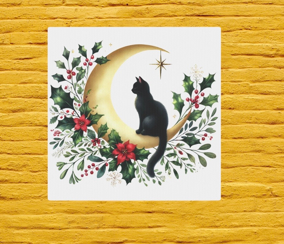 Holiday Moon - Winter Decor - Cat Lover - Wall Art 8x8   