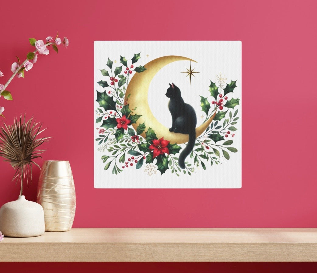 Holiday Moon - Winter Decor - Cat Lover - Wall Art 8x8   