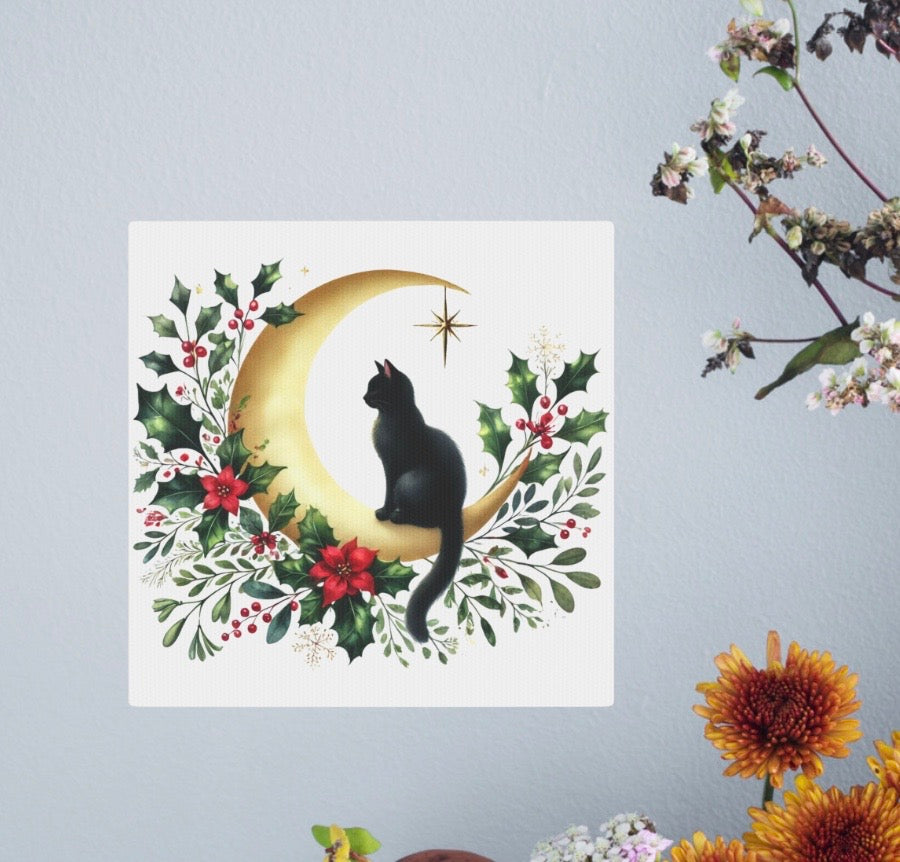 Holiday Moon - Winter Decor - Cat Lover - Wall Art 8x8   