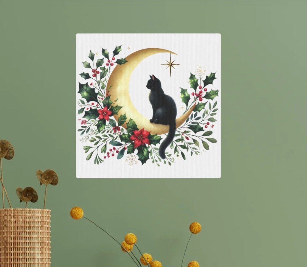 Holiday Moon - Winter Decor - Cat Lover - Wall Art 8x8   