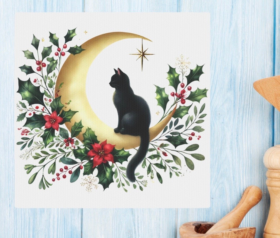 Holiday Moon - Winter Decor - Cat Lover - Wall Art 8x8   