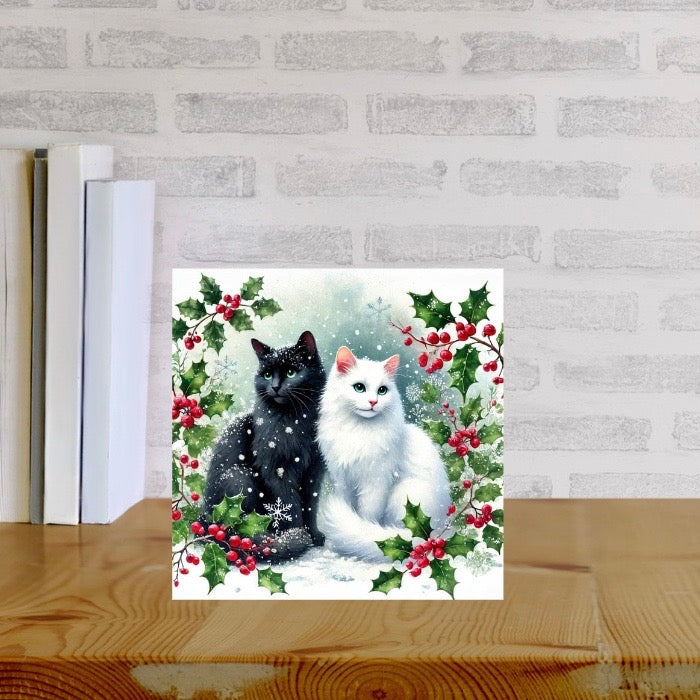 Winter Holly Hugs - Cat Lover - Pack of 10 Blank Holiday Greeting Cards   