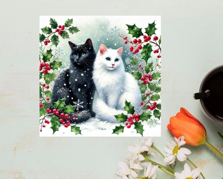 Winter Holly Hugs - Cat Lover - Pack of 10 Blank Holiday Greeting Cards   