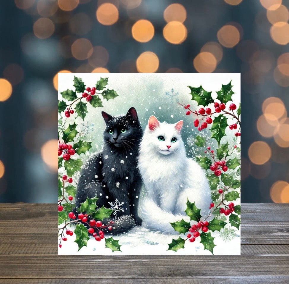 Winter Holly Hugs - Cat Lover - Pack of 10 Blank Holiday Greeting Cards   