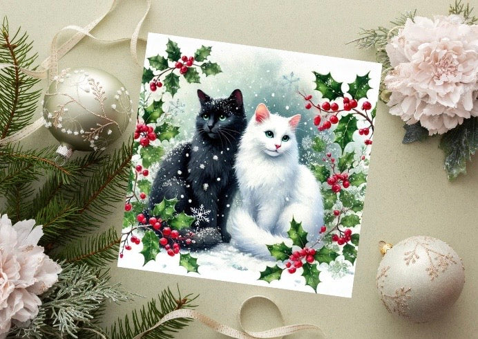 Winter Holly Hugs - Cat Lover - Pack of 10 Blank Holiday Greeting Cards   