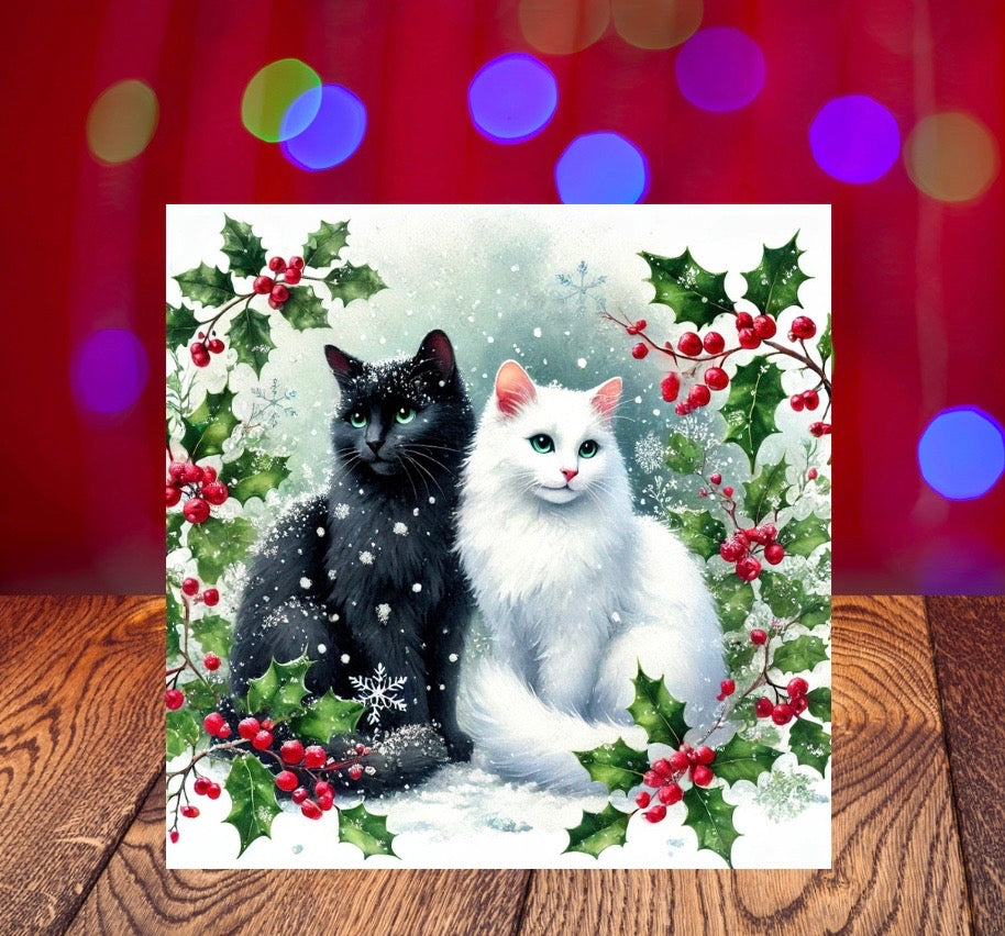 Winter Holly Hugs - Cat Lover - Pack of 10 Blank Holiday Greeting Cards   