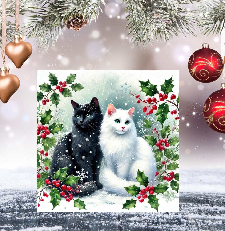 Winter Holly Hugs - Cat Lover - Pack of 10 Blank Holiday Greeting Cards   