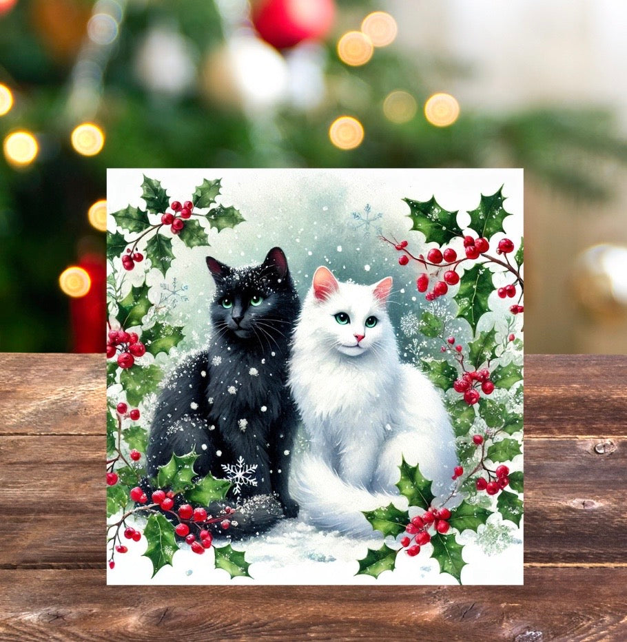 Winter Holly Hugs - Cat Lover - Pack of 10 Blank Holiday Greeting Cards   