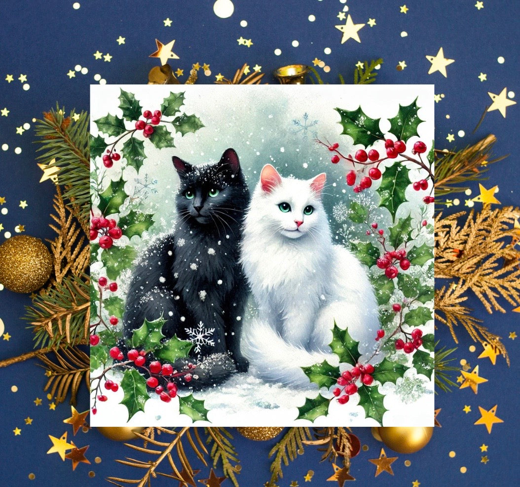 Winter Holly Hugs - Cat Lover - Pack of 10 Blank Holiday Greeting Cards   