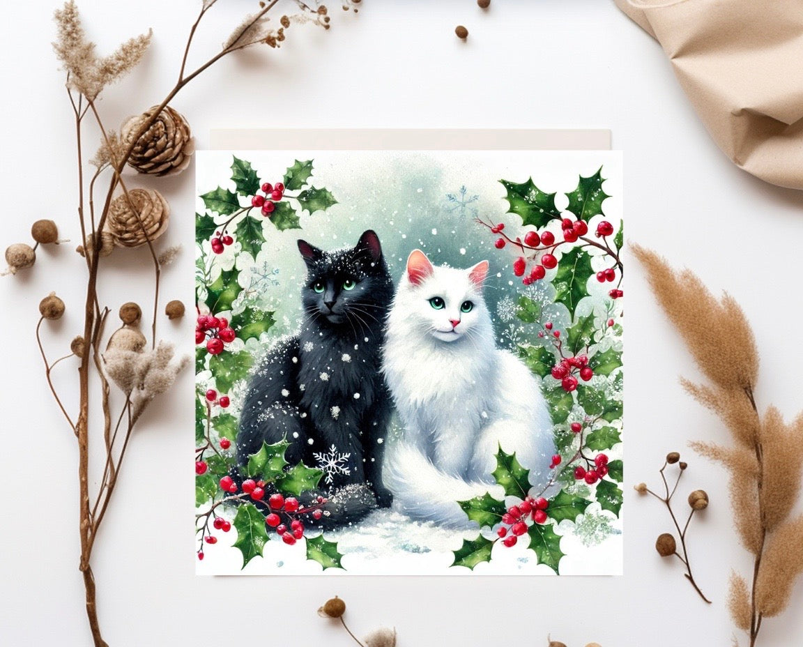 Winter Holly Hugs - Cat Lover - Pack of 10 Blank Holiday Greeting Cards   