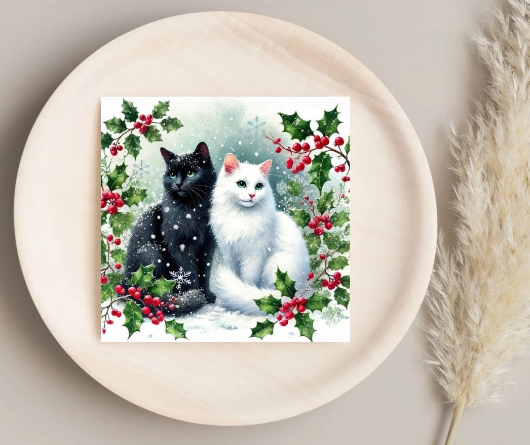 Winter Holly Hugs - Cat Lover - Pack of 10 Blank Holiday Greeting Cards   