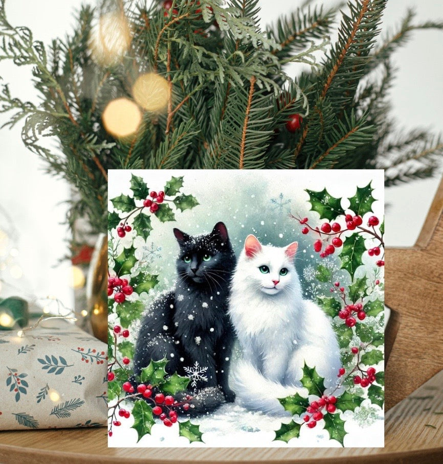 Winter Holly Hugs - Cat Lover - Pack of 10 Blank Holiday Greeting Cards   