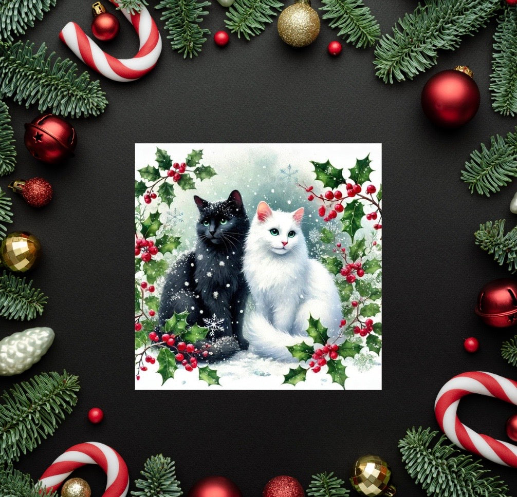 Winter Holly Hugs - Cat Lover - Pack of 10 Blank Holiday Greeting Cards   