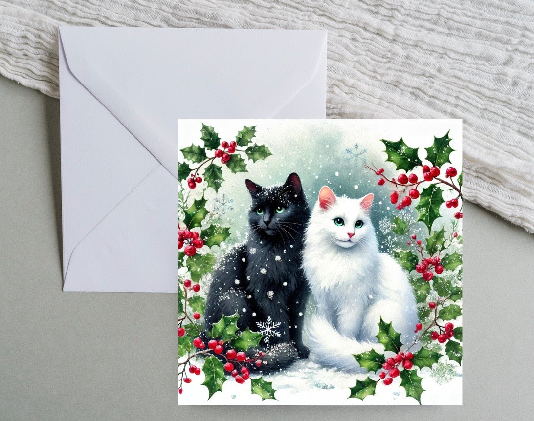 Winter Holly Hugs - Cat Lover - Pack of 10 Blank Holiday Greeting Cards   