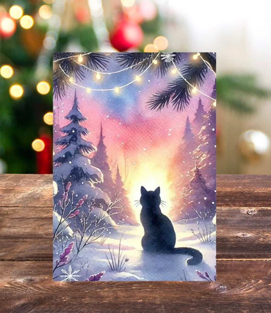 Magic Winter Sunsrise - Cat Lover - Pack of 10 - Christmas Blank Greeting Cards   