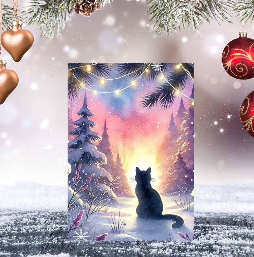 Magic Winter Sunsrise - Cat Lover - Pack of 10 - Christmas Blank Greeting Cards   