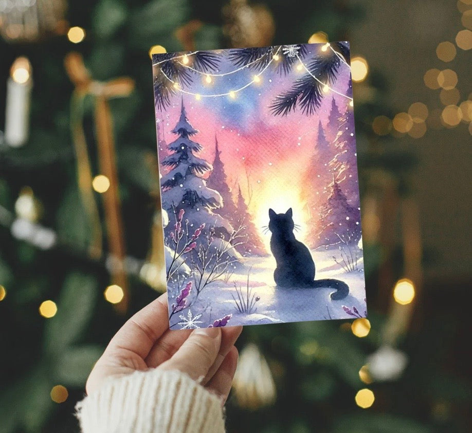 Magic Winter Sunsrise - Cat Lover - Pack of 10 - Christmas Blank Greeting Cards   