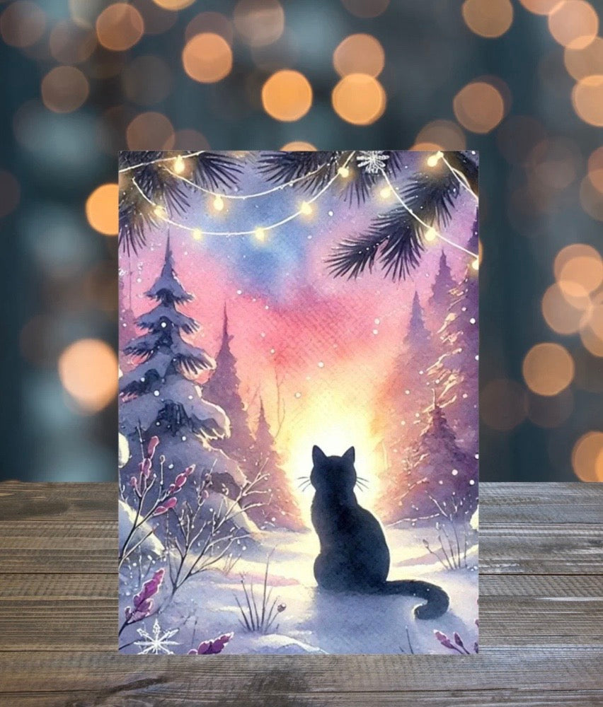 Magic Winter Sunsrise - Cat Lover - Pack of 10 - Christmas Blank Greeting Cards   